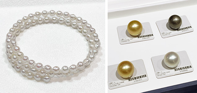 Figure 4. Left: Vietnamese akoya pearls are featured in this flexible design for use as a double bracelet or a single choker. Right: Two large South Sea golden pearls and one white pearl larger than 21 mm along with a slightly smaller Tahitian pearl. Photos by Kazuko Saruwatari; courtesy of Spopel (left) and Fiore (right).
