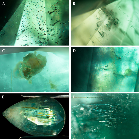 Figure 3. A: A field of blocky two-phase fluid inclusions. B: Elongated two-phase fluid inclusions with large frosty rims. C: An irregularly shaped platy mica crystal. D: Two small, transparent, and colorless feldspar crystals. E: Large tubes filled with a foreign orangy material. F: A cluster of short parallel needles. Photomicrographs by Suwasan Wongchacree; fields of view 1.07 mm (A), 1.80 mm (B, C, and F), 1.20 mm (D), and 10.8 mm (E).