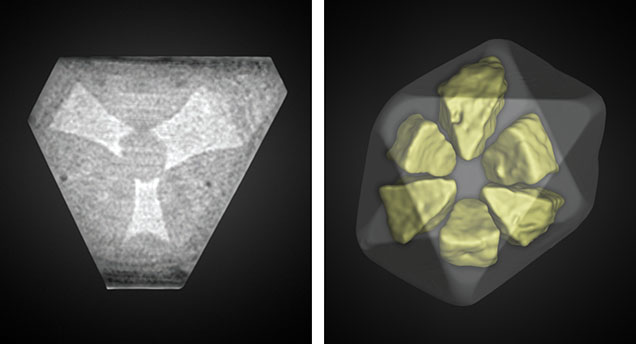 Figure 4. Left: μ-CT cross section of the 8.57 ct diamond. Asteriated growth sectors are observed following the crystallographic directions. While the cloud sectors appear solid, they are actually composed of microscopic inclusions. Right: 3D rendering of the segmented μ-CT image highlighting the asteriated sectors in yellow within the semitransparent diamond. Figure 4. Left: μ-CT cross section of the 8.57 ct diamond. Asteriated growth sectors are observed following the crystallographic directions. While the cloud sectors appear solid, they are actually composed of microscopic inclusions. Right: 3D rendering of the segmented μ-CT image highlighting the asteriated sectors in yellow within the semitransparent diamond.