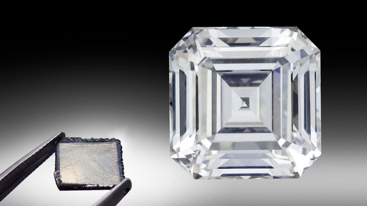 Figure 1. This 10.02 ct E-color, VS1-clarity emerald-cut diamond is an example of the great strides made in HPHT growth technology in the past two decades, as laboratory-grown diamonds have become an important sector of the gem diamond market. Photo by Johnny Leung. The as-grown CVD diamond plate (1.24 ct, 8.41 × 8.60 × 1.26 mm) was manufactured by GIA at its New Jersey research facility. Photo by Adrian Chan. Figure 1. This 10.02 ct E-color, VS1-clarity emerald-cut diamond is an example of the great strides made in HPHT growth technology in the past two decades, as laboratory-grown diamonds have become an important sector of the gem diamond market. Photo by Johnny Leung. The as-grown CVD diamond plate (1.24 ct, 8.41 × 8.60 × 1.26 mm) was manufactured by GIA at its New Jersey research facility. Photo by Adrian Chan.