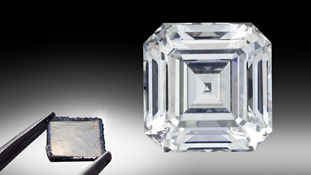 Figure 1. This 10.02 ct E-color, VS1-clarity emerald-cut diamond is an example of the great strides made in HPHT growth technology in the past two decades, as laboratory-grown diamonds have become an important sector of the gem diamond market. Photo by Johnny Leung. The as-grown CVD diamond plate (1.24 ct, 8.41 × 8.60 × 1.26 mm) was manufactured by GIA at its New Jersey research facility. Photo by Adrian Chan. Figure 1. This 10.02 ct E-color, VS1-clarity emerald-cut diamond is an example of the great strides made in HPHT growth technology in the past two decades, as laboratory-grown diamonds have become an important sector of the gem diamond market. Photo by Johnny Leung. The as-grown CVD diamond plate (1.24 ct, 8.41 × 8.60 × 1.26 mm) was manufactured by GIA at its New Jersey research facility. Photo by Adrian Chan.