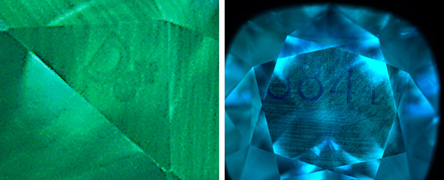 Figure 16. Left: This 0.60 ct I-color CVD-grown diamond shows a logo mark on the star facet that is only visible with fluorescence imaging. Right: The DiamondView image of a 1.93 ct F-color CVD-grown diamond shows numbers on the table facet. Images by Jemini Sawant. Figure 16. Left: This 0.60 ct I-color CVD-grown diamond shows a logo mark on the star facet that is only visible with fluorescence imaging. Right: The DiamondView image of a 1.93 ct F-color CVD-grown diamond shows numbers on the table facet. Images by Jemini Sawant.