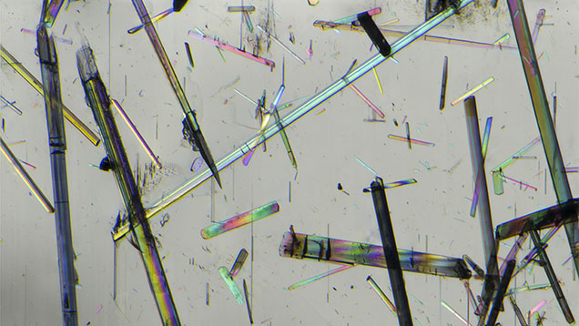A pale blue aquamarine crystal from Pakistan contains a multitude of tourmaline inclusions that show vibrant interference colors using polarized light. Field of view 2.61 mm. A pale blue aquamarine crystal from Pakistan contains a multitude of tourmaline inclusions that show vibrant interference colors using polarized light. Field of view 2.61 mm.