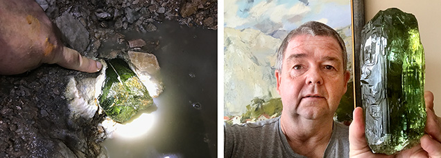Figure 13. A 1.437 kg (7,185 ct) gem beryl crystal in situ in albite inside a giant heliodor pocket of Pegmatite 521. The crystal was found at a depth of 96 m in one of the Volyn chamber pegmatites in the Korosten Pluton near Volodarsk (now Khoroshiv), Zhytomyr Oblast, Ukraine. Photos by Peter Lyckberg.