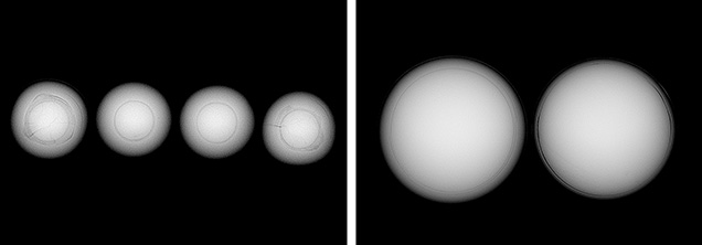 Figure 2. Left: RTX images of the four 6 mm pearls show round bead nuclei and dark gray areas around the beads associated with organic-rich material. Nacre thickness of each pearl from left to right: 1.67, 1.68, 1.62, and 1.64 mm, respectively. Right: The nacre overgrowths are significantly thicker than those of typical akoya pearls, such as the two shown here.