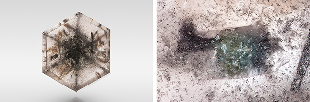 Figure 2. Columnar marialite inclusions in a grossular slice. Photos by Tsang Ho Yin; field of view 0.86 mm (right). Figure 2. Columnar marialite inclusions in a grossular slice. Photos by Tsang Ho Yin; field of view 0.86 mm (right).