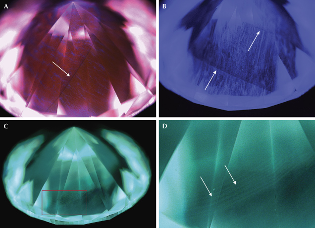 Figure 1. A and B: DiamondView imaging shows clear interruption planes resulting from start-stop environment change during the CVD growth of fraudulent diamond 3. A band pass filter centered at 390 nm shows even clearer interruption layers (indicated by arrows). C and D: Fraudulent diamond 4 shows subtle striations (indicated by arrows) on the pavilion view, but a closer look reveals the layered patterns indicative of CVD-grown diamonds. Images by Nick “Ka Chun” Chan. Figure 1. A and B: DiamondView imaging shows clear interruption planes resulting from start-stop environment change during the CVD growth of fraudulent diamond 3. A band pass filter centered at 390 nm shows even clearer interruption layers (indicated by arrows). C and D: Fraudulent diamond 4 shows subtle striations (indicated by arrows) on the pavilion view, but a closer look reveals the layered patterns indicative of CVD-grown diamonds. Images by Nick “Ka Chun” Chan.