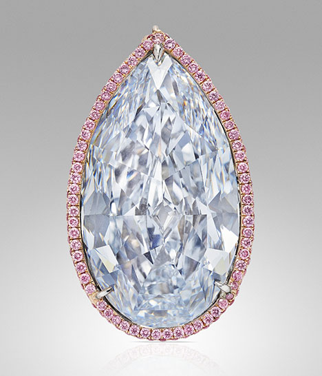 Figure 3. Surrounded by pink diamonds, this 31.62 ct Fancy blue diamond pendant sold within its estimate at $11.8 million. Courtesy of Christie’s. Figure 3. Surrounded by pink diamonds, this 31.62 ct Fancy blue diamond pendant sold within its estimate at $11.8 million. Courtesy of Christie’s.