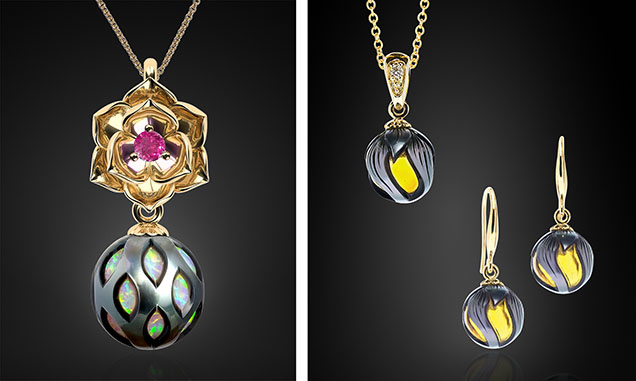 Figure 14. These Galatea Pearls were created with synthetic opal (left) and natural amber (right). The gem bead cultured Tahitian pearls were entirely covered by nacre when harvested and later carved by hand to display the gem bead underneath the surface. The pendant on the left features a 16 mm Tahitian pearl and a ruby, while the pearls in the jewelry set on the right are 10–11 mm in diameter. Courtesy of Chi Huynh. Figure 14. These Galatea Pearls were created with synthetic opal (left) and natural amber (right). The gem bead cultured Tahitian pearls were entirely covered by nacre when harvested and later carved by hand to display the gem bead underneath the surface. The pendant on the left features a 16 mm Tahitian pearl and a ruby, while the pearls in the jewelry set on the right are 10–11 mm in diameter. Courtesy of Chi Huynh.