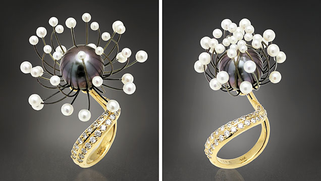 Figure 17. This ring from the Blossom collection features nitinol wires paired with small pearls placed around a larger center pearl to resemble a flower. The flower slowly opens in response to increased temperature (left) and closes when it cools (right). The Tahitian pearl is 10.5 mm in diameter, while the freshwater pearls range from 1.5 to 3.0 mm in diameter and the diamonds have a total weight of 0.30 ct. Courtesy of Chi Huynh. Figure 17. This ring from the Blossom collection features nitinol wires paired with small pearls placed around a larger center pearl to resemble a flower. The flower slowly opens in response to increased temperature (left) and closes when it cools (right). The Tahitian pearl is 10.5 mm in diameter, while the freshwater pearls range from 1.5 to 3.0 mm in diameter and the diamonds have a total weight of 0.30 ct. Courtesy of Chi Huynh.