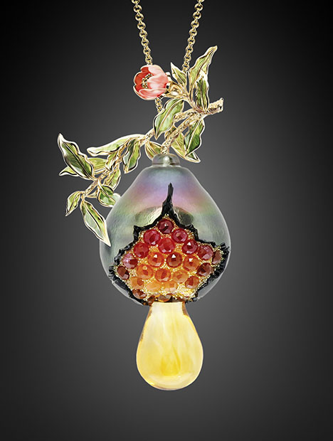 Figure 26. “The Secret of Life Is in the Seed” blends Huynh’s jewelry design and painting talents. Winner of a 2018 JCK Jewelers’ Choice Award, the piece features a large Tahitian drop pearl resembling a fruit, tourmalines as the seeds, a citrine to represent a dewdrop, and leaves and a flower painted by hand with lacquer rather than enameled. Courtesy of Chi Huynh. Figure 26. “The Secret of Life Is in the Seed” blends Huynh’s jewelry design and painting talents. Winner of a 2018 JCK Jewelers’ Choice Award, the piece features a large Tahitian drop pearl resembling a fruit, tourmalines as the seeds, a citrine to represent a dewdrop, and leaves and a flower painted by hand with lacquer rather than enameled. Courtesy of Chi Huynh.