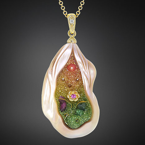 Figure 7. Because non-bead cultured freshwater pearls are composed mostly of nacre, the carving can be extended deep into the pearl’s body, allowing for more creativity. This “Pearl Garden” pendant was constructed using a 22 × 15 mm carved baroque freshwater pearl with lab-grown diamond and natural ruby, emerald, and garnet druzy placed within (Huynh, 2006). Courtesy of Chi Huynh. Figure 7. Because non-bead cultured freshwater pearls are composed mostly of nacre, the carving can be extended deep into the pearl’s body, allowing for more creativity. This “Pearl Garden” pendant was constructed using a 22 × 15 mm carved baroque freshwater pearl with lab-grown diamond and natural ruby, emerald, and garnet druzy placed within (Huynh, 2006). Courtesy of Chi Huynh.