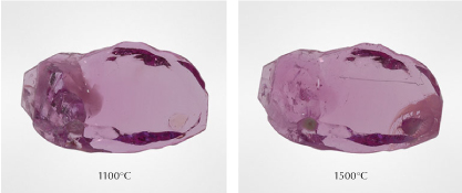 Figure 3. When heated to 1500°C, a cluster of inclusions on the left side of sample 10 became less obvious. On the right side, the alteration of a sphene crystal created clarity issues. Photos by Sora-at Manorotkul. Figure 3. When heated to 1500°C, a cluster of inclusions on the left side of sample 10 became less obvious. On the right side, the alteration of a sphene crystal created clarity issues. Photos by Sora-at Manorotkul.