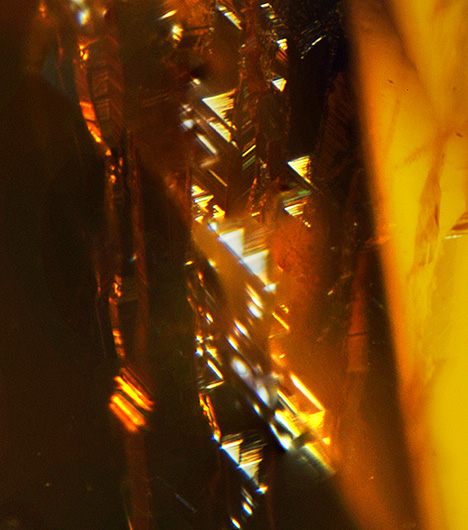 Figure 4. Trigons visible in a subsurface diamond etch channel. Photomicrograph by Mei Yan Lai; field of view 1.00 mm.