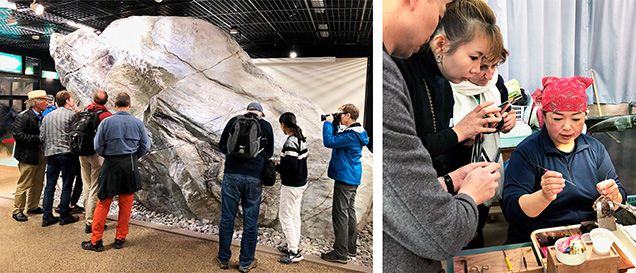 Figure 2. Left: IGC participants viewed a 102-ton jadeite boulder at the Oyashirazu jade museum in Itoigawa. Right: During a field trip to Ago Bay, participants observed the implanting of a bead nucleus in a Pinctada fucata oyster. Photos by Ahmadjan Abduriyim.