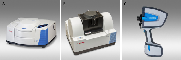 Figure 3. Commercial FTIR instruments include research-grade benchtop devices by manufacturers such as Thermo Fisher (A), Shimadzu, Bruker, and others; smaller and portable desktop instruments such as the GIA DiamondCheck (B); and a few handheld devices such as the one made by Agilent (C). Courtesy of Thermo Fisher Scientific (A) and Agilent Technologies, Inc. (C). Figure 3. Commercial FTIR instruments include research-grade benchtop devices by manufacturers such as Thermo Fisher (A), Shimadzu, Bruker, and others; smaller and portable desktop instruments such as the GIA DiamondCheck (B); and a few handheld devices such as the one made by Agilent (C). Courtesy of Thermo Fisher Scientific (A) and Agilent Technologies, Inc. (C).