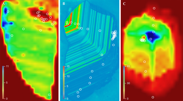 Three thermal images displaying varying color gradients, with circular markers indicating specific points of interest. Color scales on the sides. Three thermal images displaying varying color gradients, with circular markers indicating specific points of interest. Color scales on the sides.