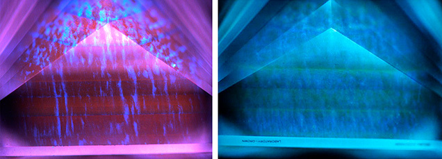 Figure 10. This CVD-grown diamond was examined before and after HPHT annealing treatments. Deep-UV fluorescence imaging highlights the changes in defect concentrations. Left: Untreated, it showed red emission from NV0 defects. Right: After treatment, the fluorescence was dominated by shades of blues and greens from band A associated with dislocations and H3 (N2V0) defects, respectively. Notably, the layered pattern indicative of multi-stage CVD growth, as well as the violet blue–fluorescing dislocations, remain after treatment. The square modified brilliant sample was repolished, changing the weight from 16.41 ct to 15.73 ct. From Eaton-Magaña and Myagkaya (2024). Figure 10. This CVD-grown diamond was examined before and after HPHT annealing treatments. Deep-UV fluorescence imaging highlights the changes in defect concentrations. Left: Untreated, it showed red emission from NV0 defects. Right: After treatment, the fluorescence was dominated by shades of blues and greens from band A associated with dislocations and H3 (N2V0) defects, respectively. Notably, the layered pattern indicative of multi-stage CVD growth, as well as the violet blue–fluorescing dislocations, remain after treatment. The square modified brilliant sample was repolished, changing the weight from 16.41 ct to 15.73 ct. From Eaton-Magaña and Myagkaya (2024).