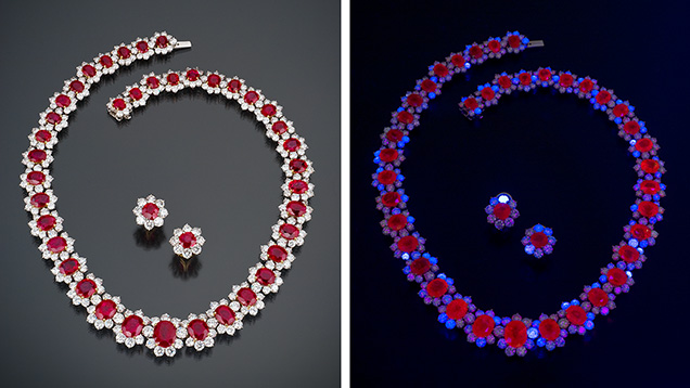 Figure 1. Burmese ruby and diamond necklace and earrings under daylight-equivalent (left) and long-wave ultraviolet (right, ~365 nm) illumination, revealing an alluring fluorescence response. Several of the diamonds show blue fluorescence attributed to the N3 (N3V0) defect, whereas trivalent chromium ions (Cr3+) produce red fluorescence in the rubies. Intense red fluorescence is particularly common in Burmese rubies, though not exclusive to them (Webster, 1975; Fritsch and Waychunas, 1994). Courtesy of a private collector and Mona Lee Nesseth, Custom Estate Jewels. Photos by Robert Weldon. Figure 1. Burmese ruby and diamond necklace and earrings under daylight-equivalent (left) and long-wave ultraviolet (right, ~365 nm) illumination, revealing an alluring fluorescence response. Several of the diamonds show blue fluorescence attributed to the N3 (N3V0) defect, whereas trivalent chromium ions (Cr3+) produce red fluorescence in the rubies. Intense red fluorescence is particularly common in Burmese rubies, though not exclusive to them (Webster, 1975; Fritsch and Waychunas, 1994). Courtesy of a private collector and Mona Lee Nesseth, Custom Estate Jewels. Photos by Robert Weldon.