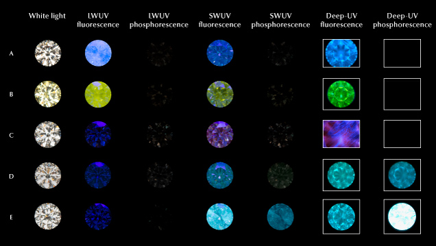 Figure 4. Representative long-wave, short-wave, and deep-UV excited fluorescence and phosphorescence responses for D-to-Z color natural and laboratory-grown diamonds. Diamond origin details: blue-fluorescing natural (A), yellow-fluorescing natural (B), untreated CVD-grown (C), HPHT-annealed CVD-grown (D), and HPHT-grown (E). White light, long- and short-wave fluorescence, and phosphorescence images by Towfiq Ahmed. Deep-UV fluorescence and phosphorescence images by Ulrika F.S. D’Haenens-Johansson. Figure 4. Representative long-wave, short-wave, and deep-UV excited fluorescence and phosphorescence responses for D-to-Z color natural and laboratory-grown diamonds. Diamond origin details: blue-fluorescing natural (A), yellow-fluorescing natural (B), untreated CVD-grown (C), HPHT-annealed CVD-grown (D), and HPHT-grown (E). White light, long- and short-wave fluorescence, and phosphorescence images by Towfiq Ahmed. Deep-UV fluorescence and phosphorescence images by Ulrika F.S. D’Haenens-Johansson.