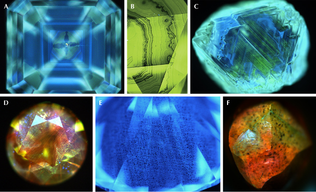 Figure 6. This selection of deep-UV fluorescence images of natural diamonds highlights the wide range of potential emission patterns and colors that can be observed, evidence of diamond’s unique growth and residence history. E: Most natural type II diamonds show blue fluorescence with mosaic-like polygonized dislocation patterns, differing from characteristic type II CVD- or HPHT-grown diamond patterns (compare with figures 8–10). Images by Garrett Koneval (A), Najmeh Anjomani (B), Wuyi Wang (C), Christopher Vendrell (D), Ulrika F.S. D’Haenens-Johansson (E), and Sandeep Kabariya (F). Figure 6. This selection of deep-UV fluorescence images of natural diamonds highlights the wide range of potential emission patterns and colors that can be observed, evidence of diamond’s unique growth and residence history. E: Most natural type II diamonds show blue fluorescence with mosaic-like polygonized dislocation patterns, differing from characteristic type II CVD- or HPHT-grown diamond patterns (compare with figures 8–10). Images by Garrett Koneval (A), Najmeh Anjomani (B), Wuyi Wang (C), Christopher Vendrell (D), Ulrika F.S. D’Haenens-Johansson (E), and Sandeep Kabariya (F).