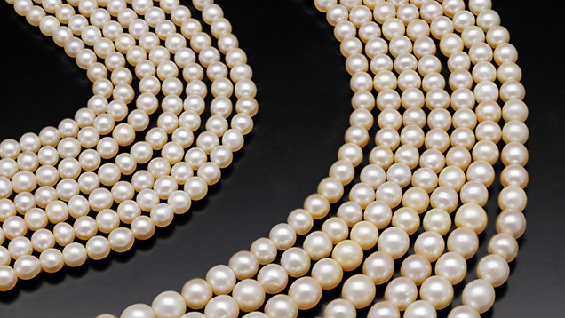 Figure 12. Sections of a multi-strand necklace containing natural saltwater pearls. X-ray radiographs of some of the pearls in this necklace were shown in figure 9. Photo by Gaurav Bera. Figure 12. Sections of a multi-strand necklace containing natural saltwater pearls. X-ray radiographs of some of the pearls in this necklace were shown in figure 9. Photo by Gaurav Bera.