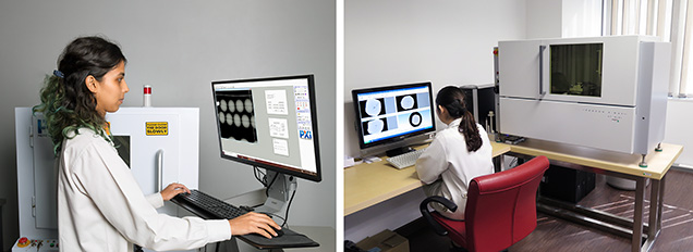 Figure 2. An X-ray microradiography unit in GIA’s Mumbai laboratory (left) and an X-ray computed microtomography unit at GIA’s Bangkok laboratory (right). Both are used mainly for pearl testing. Photos by Gaurav Bera (left) and GIA staff (right). Figure 2. An X-ray microradiography unit in GIA’s Mumbai laboratory (left) and an X-ray computed microtomography unit at GIA’s Bangkok laboratory (right). Both are used mainly for pearl testing. Photos by Gaurav Bera (left) and GIA staff (right).