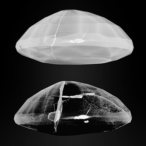 Figure 6. 3D rendering of a lead glass–filled ruby, with different contrast highlighting the opaque lead glass areas inside the gem. Figure 6. 3D rendering of a lead glass–filled ruby, with different contrast highlighting the opaque lead glass areas inside the gem.