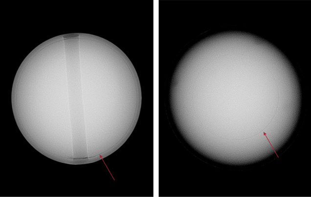 Two images of a spherical object, one showing a distinct line marked by an arrow, the other with a subtle curve also indicated by an arrow. Two images of a spherical object, one showing a distinct line marked by an arrow, the other with a subtle curve also indicated by an arrow.
