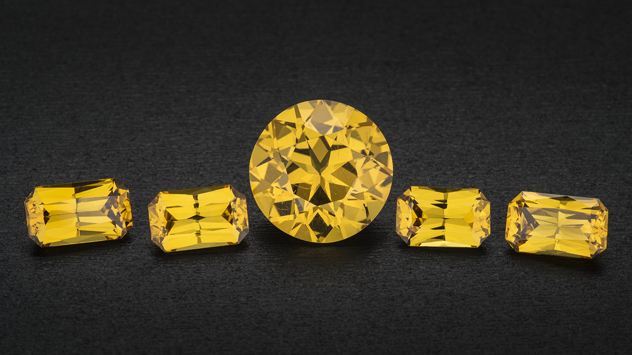 Yellow sapphire from a basalt-related deposit in Australia, ranging in size from approximately 1.44 ct to 8.00 ct. Photo by Robert Weldon; courtesy of Mark Tremonti.