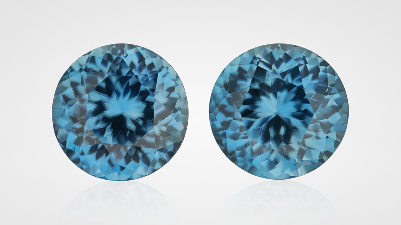 Blue zircon from the Ratanakiri deposit in Cambodia, each measuring 8.8 mm. Photo by Orasa Weldon; courtesy of Tim Roark, Inc