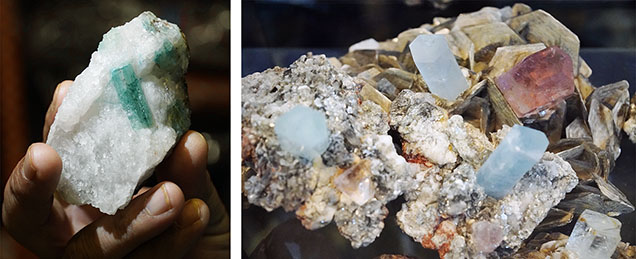 Figure 2. Left: A beryl specimen dyed with pigment clearly visible to the unaided eye. Right: The aquamarine are attached with glue to appear as a natural occurrence within this host rock. Photos by Talha H. Bakht. Figure 2. Left: A beryl specimen dyed with pigment clearly visible to the unaided eye. Right: The aquamarine are attached with glue to appear as a natural occurrence within this host rock. Photos by Talha H. Bakht.