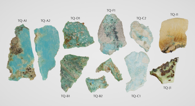 Figure 10. Slabbed natural turquoise samples from the Mona Lisa mine (1.45–7.71 ct). After analysis, sample TQ-B2 broke into two pieces during handling. Photo by Emily Lane. Figure 10. Slabbed natural turquoise samples from the Mona Lisa mine (1.45–7.71 ct). After analysis, sample TQ-B2 broke into two pieces during handling. Photo by Emily Lane.