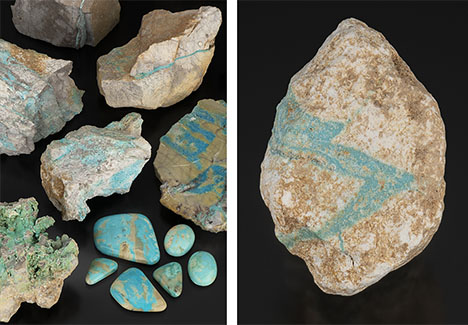 Figure 1. Left: Rough and cut turquoise and matrix from the Mona Lisa mine, Polk County, Arkansas. Rock samples are untreated, while the polished slab and cabochons (4.16–37.19 ct) are stabilized. Right: “Lightning bolt” untreated turquoise in matrix specimen (27.90 ct) from the Mona Lisa mine. Photos by Emily Lane. Figure 1. Left: Rough and cut turquoise and matrix from the Mona Lisa mine, Polk County, Arkansas. Rock samples are untreated, while the polished slab and cabochons (4.16–37.19 ct) are stabilized. Right: “Lightning bolt” untreated turquoise in matrix specimen (27.90 ct) from the Mona Lisa mine. Photos by Emily Lane.