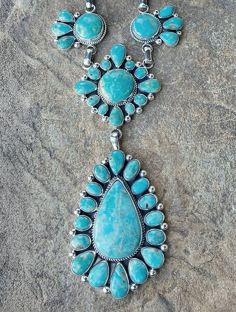 Figure 2. Stabilized Mona Lisa turquoise set in silver. Photo courtesy of White Horse Resale; necklace courtesy of Vernon and Clarissa Hale. Figure 2. Stabilized Mona Lisa turquoise set in silver. Photo courtesy of White Horse Resale; necklace courtesy of Vernon and Clarissa Hale.