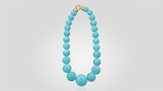 Figure 20. A Mona Lisa turquoise necklace with a matched suite of stabilized beads (diameter of largest bead is 35 mm). Photo by Thomas Paradise. Figure 20. A Mona Lisa turquoise necklace with a matched suite of stabilized beads (diameter of largest bead is 35 mm). Photo by Thomas Paradise.