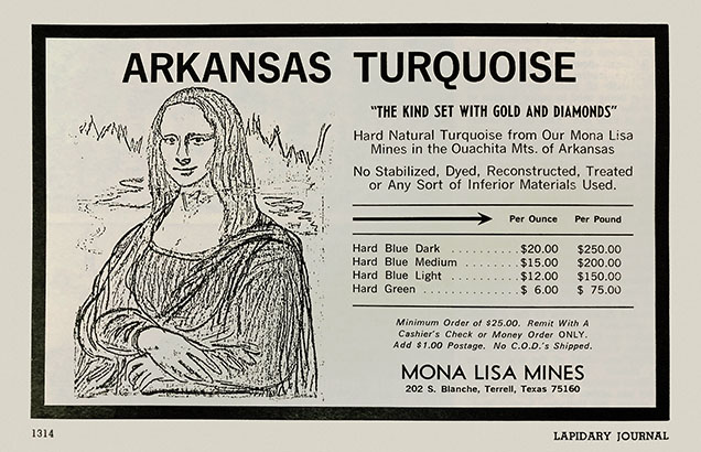 Figure 4. A 1980 advertisement for Arkansas turquoise in Lapidary Journal. Figure 4. A 1980 advertisement for Arkansas turquoise in Lapidary Journal.