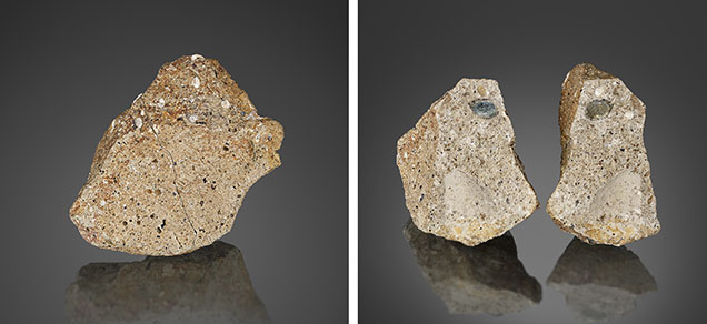 Figure 10. Left: This French Bar sill sapphire-in-matrix specimen was removed using simple hand tools. Right: When hammered, the matrix often breaks along the sapphire edge, with the crystal protruding out of the broken matrix (left, CRK-FBS 045), while the other portion has a concave impression covered in a layer of biotite (phlogopite) over a very thin layer of clay (right, CRK-FBS 046). The sapphire crystal is 9 mm in length. Photos by Jeff Mason. Figure 10. Left: This French Bar sill sapphire-in-matrix specimen was removed using simple hand tools. Right: When hammered, the matrix often breaks along the sapphire edge, with the crystal protruding out of the broken matrix (left, CRK-FBS 045), while the other portion has a concave impression covered in a layer of biotite (phlogopite) over a very thin layer of clay (right, CRK-FBS 046). The sapphire crystal is 9 mm in length. Photos by Jeff Mason.