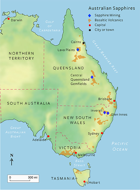 Map of three main sapphire mining fields in Australia