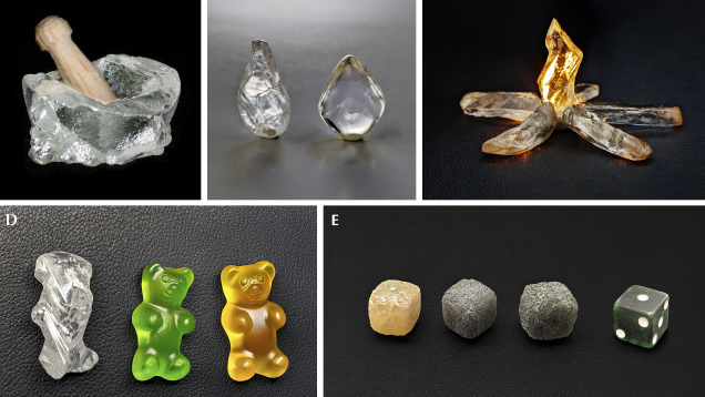 Collage of five images showing different diamond sculptures that resemble a mortar and pestle, a campfire, gummy bears and dice. Collage of five images showing different diamond sculptures that resemble a mortar and pestle, a campfire, gummy bears and dice.