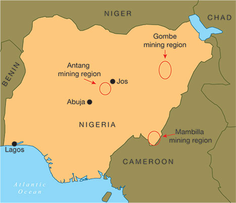 Map of Nigerian sapphire sources. Map of Nigerian sapphire sources.