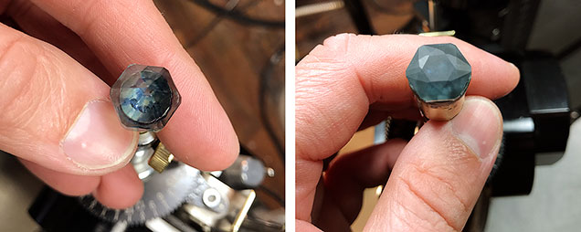 The sapphire during the cutting process. The sapphire during the cutting process.