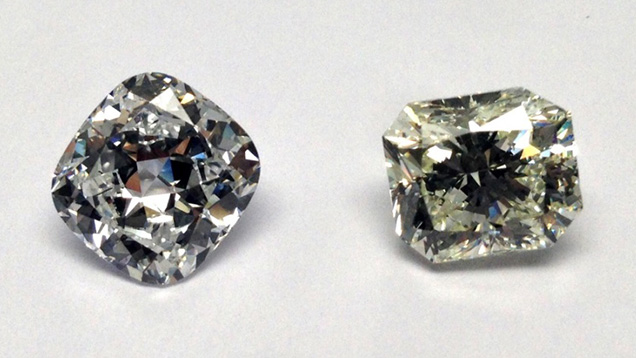 These two large synthetic diamonds were produced using HPHT growth methods by the Russian firm New Diamond Technology. The 4.30 ct specimen on the left has D color and SI1 clarity. On the right is a 5.11 ct sample with K color and I1 clarity. Photo by Wuyi Wang. These two large synthetic diamonds were produced using HPHT growth methods by the Russian firm New Diamond Technology. The 4.30 ct specimen on the left has D color and SI1 clarity. On the right is a 5.11 ct sample with K color and I1 clarity. Photo by Wuyi Wang.