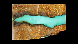 Figure 7. Turquoise collected from the Tianhu East mines. Greenish blue (3.11 g) turquoise sample investigated in this research. The matrix consists of quartzite with limonization. Photo by Ling Liu and Qiaoqiao Li.