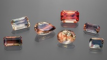 Figure 1. Faceted Oregon sunstone crystals (2.75–7.71 ct) representing the variety of colors observed. Photo by Adriana Robinson. Courtesy of the GIA Museum. Gifts of Western Ventures (pear shape), Dust Devil Mining Co. (oval), and John and Laura Ramsey (emerald cut on the far right). Figure 1. Faceted Oregon sunstone crystals (2.75–7.71 ct) representing the variety of colors observed. Photo by Adriana Robinson. Courtesy of the GIA Museum. Gifts of Western Ventures (pear shape), Dust Devil Mining Co. (oval), and John and Laura Ramsey (emerald cut on the far right).