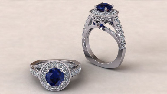 A wonderfully ornate shank is the star in Jewelry Design & Technology alum Tyler Abe’s sapphire engagement ring. Creating such an intricate piece was a highlight of his GIA education. A wonderfully ornate shank is the star in Jewelry Design & Technology alum Tyler Abe’s sapphire engagement ring. Creating such an intricate piece was a highlight of his GIA education.