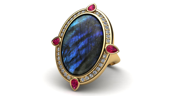 Jewelry Design & Technology alum Tess Lecklitner’s statement ring is a study in contrasts. A labradorite is surrounded by diamonds and accented by rubies. Jewelry Design & Technology alum Tess Lecklitner’s statement ring is a study in contrasts. A labradorite is surrounded by diamonds and accented by rubies.