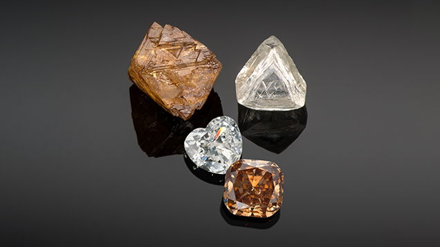 A brown octahedral diamond crystal and a colorless macle above a brown cushion cut diamond and colorless heart-shaped diamond. A brown octahedral diamond crystal and a colorless macle above a brown cushion cut diamond and colorless heart-shaped diamond.
