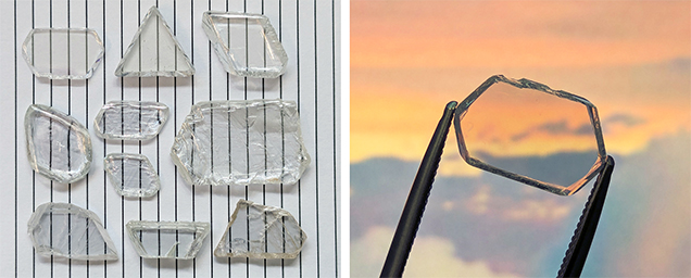 A split image of 10 transparent, plate-shaped rough diamonds against a white surface, and a transparent, plate-shaped rough diamond against a sunset. A split image of 10 transparent, plate-shaped rough diamonds against a white surface, and a transparent, plate-shaped rough diamond against a sunset.