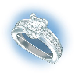 Perspective view of a platinum 4-prong solitaire with no diamonds set in the shank